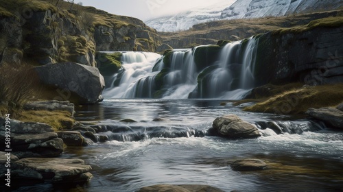 Imaginary waterfall in Scandinavia  AI generative image