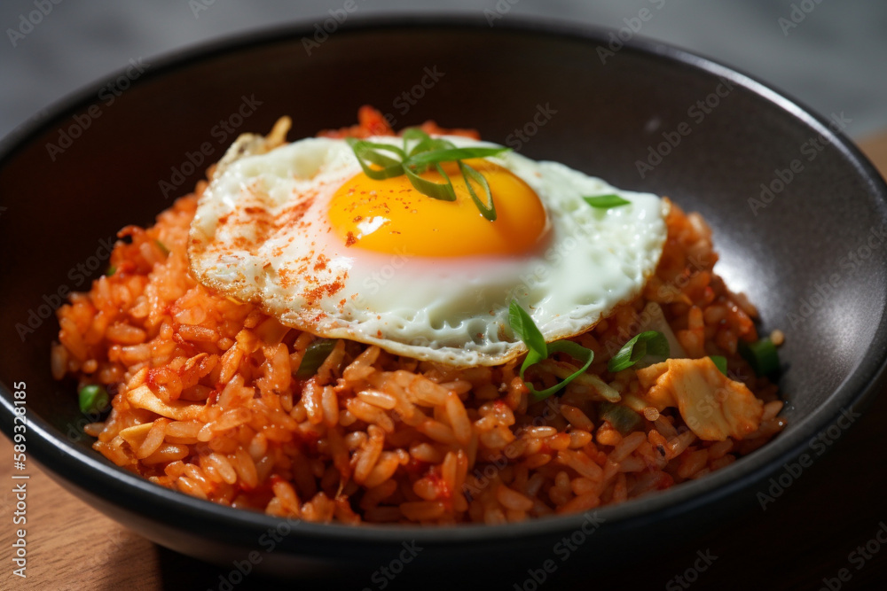 A plate of kimchi fried rice with egg generative AI A plate of kimchi fried rice with egg generative AI