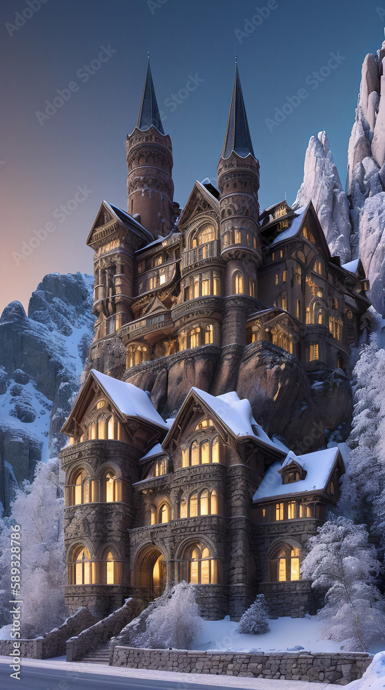 Illustration of a sci-fi Romanesque style castle in the mountain rock of a winter wonderland in the evening- AI Generated