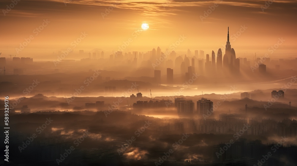 Cityscape at dawn with sun lighting morning mist in warm golden glow, aerial shot, AI generative