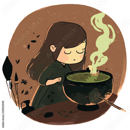 Apprentice witch brewing a potion in her cauldron, vector, oil painting style.