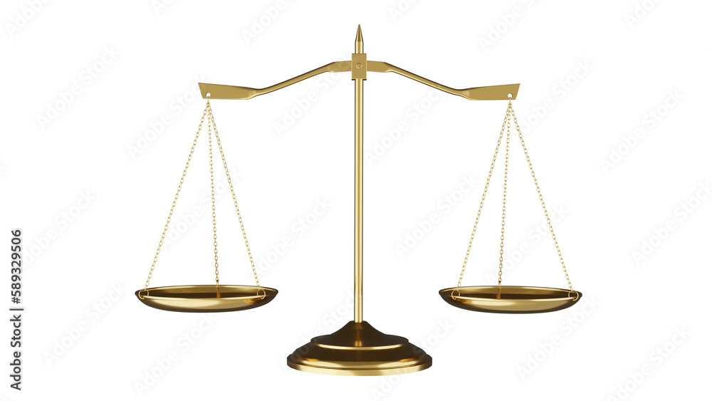 Golden Libra scales of justice isolated on transparent background. Scales concept. 3D render