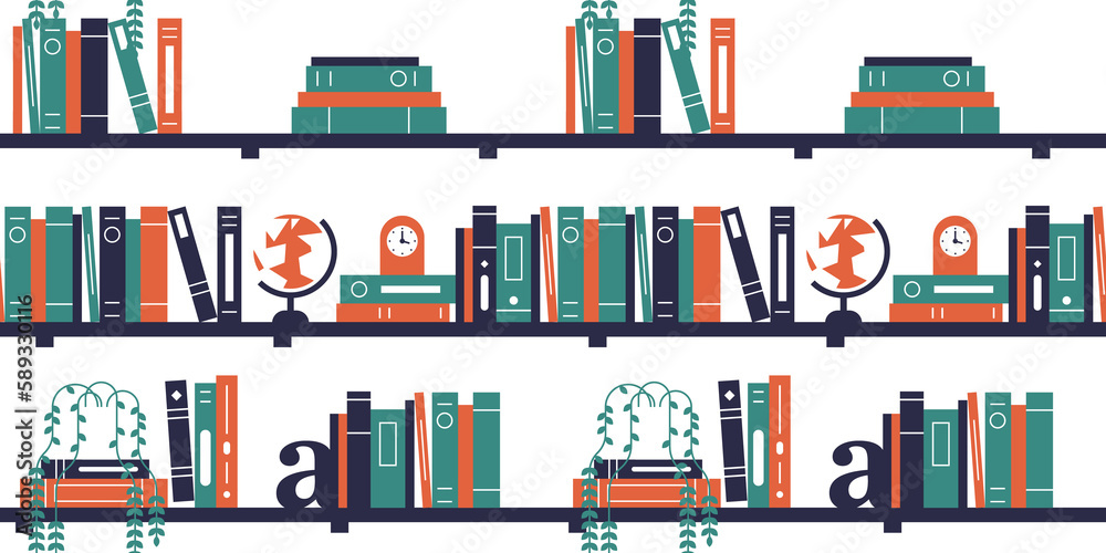 Book shelf seamless pattern illustration of modern books and home interior decoration in minimalist flat cartoon style. Study textbook or leisure literature collection background. Book shelf seamless pattern illustration of modern books and home interior decoration in minimalist flat cartoon style. Study textbook or leisure literature collection background.