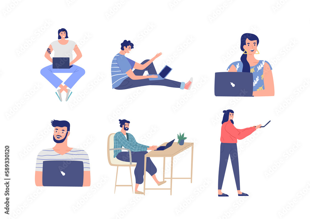 Diverse happy people using laptop computer set on isolated white background. Different lifestyle uses of technology. Includes student, freelance worker.	