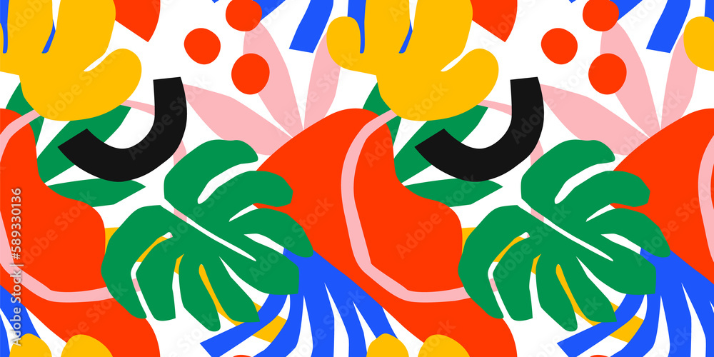 Abstract tropical nature seamless pattern with colorful freehand doodles. Modern flat cartoon background, simple random cutout shapes in bright trendy colors.