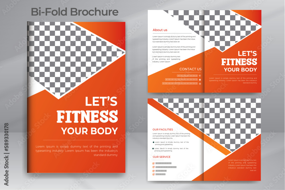 Gym Business Advertisement Poster and Bi Fold Brochure Design. Body Building and Fitness Service Promotional Vector With Discount Section, Fitness Club Admission Flyer