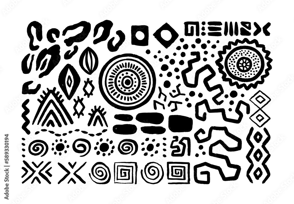 Abstract black and white african art shapes collection, tribal doodle decoration set. Random ethnic shapes, animal print texture and traditional hand drawn icons.	
