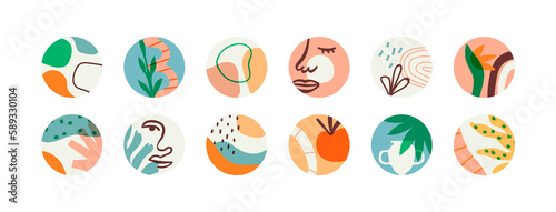 Minimalist abstract nature art icon collection. Pastel color dot template bundle for social media story, web highlight or blog. Modern hand drawn plant leaf and tropical fruit shape decoration set. 