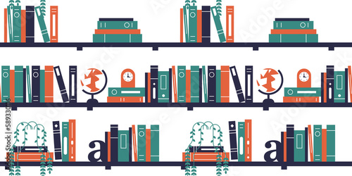 Book shelf seamless pattern illustration of modern books and home interior decoration in minimalist flat cartoon style. Study textbook or leisure literature collection background.	