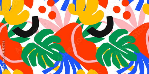 Abstract tropical nature seamless pattern with colorful freehand doodles. Modern flat cartoon background, simple random cutout shapes in bright trendy colors.