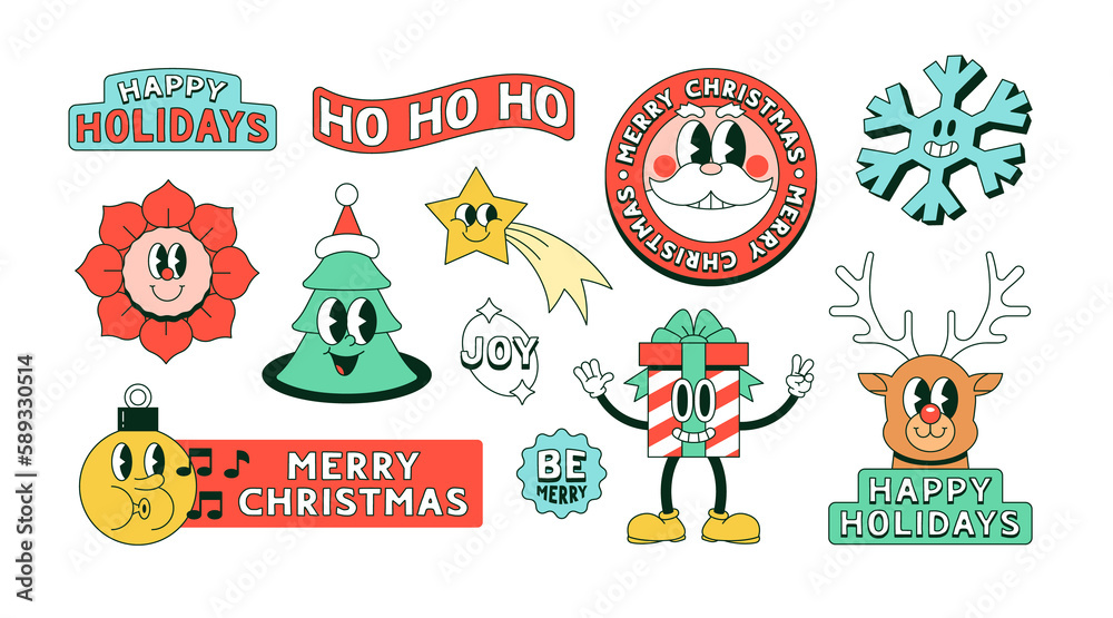 Set of funny vintage christmas cartoon character label on isolated background. Retro sticker patch illustration collection for xmas party celebration. Festive holiday season graphic bundle. - obrazy, fototapety, plakaty 