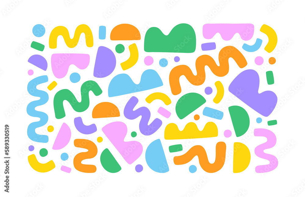 Fun colorful abstract doodle shape set. Creative childish style art symbol collection for children or party celebration with modern shapes. Simple upbeat freehand drawing scribble decoration.