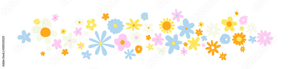 Trendy floral print banner illustration. vintage 70s style flowers on isolated background. Colorful pastel color groovy artwork, garden nature with spring plants.