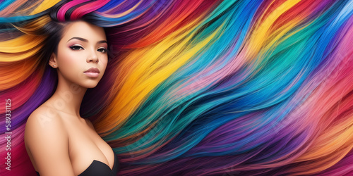 Beautiful girl with colorful hair. Portrait of a young woman with rainbow dyed hairstyle. Female profile on background of colored fluttering curls. Professional haircut and coloring. Generative AI