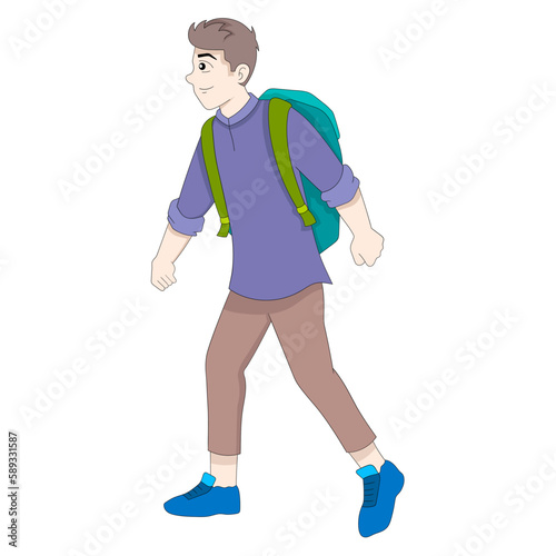 student boy wearing a bag is traveling around the world countries