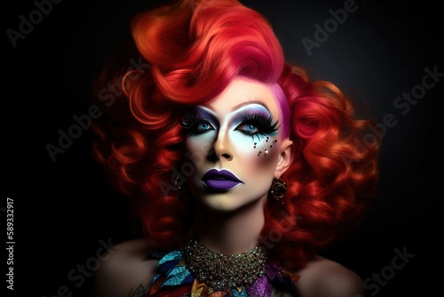 Professional drag queen performer portrait studio shot over dark background. Generative AI