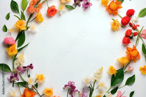 Ornamental flowers in circle over white background with copy space. Generative AI