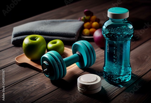 concept of a healthy lifestyle. On a wooden table, there are colored apples, dumbbells, sport water bottles, and a turquoise towel. Generative AI
