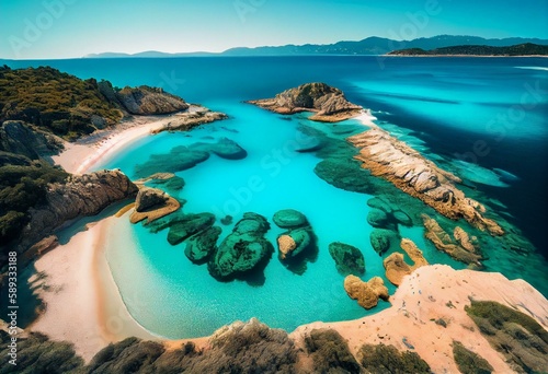 Best beaches of Corsica island - aerial panoramic view of beautiful Rondinara beach with perfect round shape and crystal turquoise sea. Generative AI