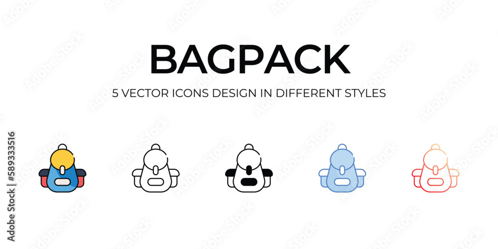 Bagpack Icon Design in Five style with Editable Stroke. Line, Solid, Flat Line, Duo Tone Color, and Color Gradient Line. Suitable for Web Page, Mobile App, UI, UX and GUI design.