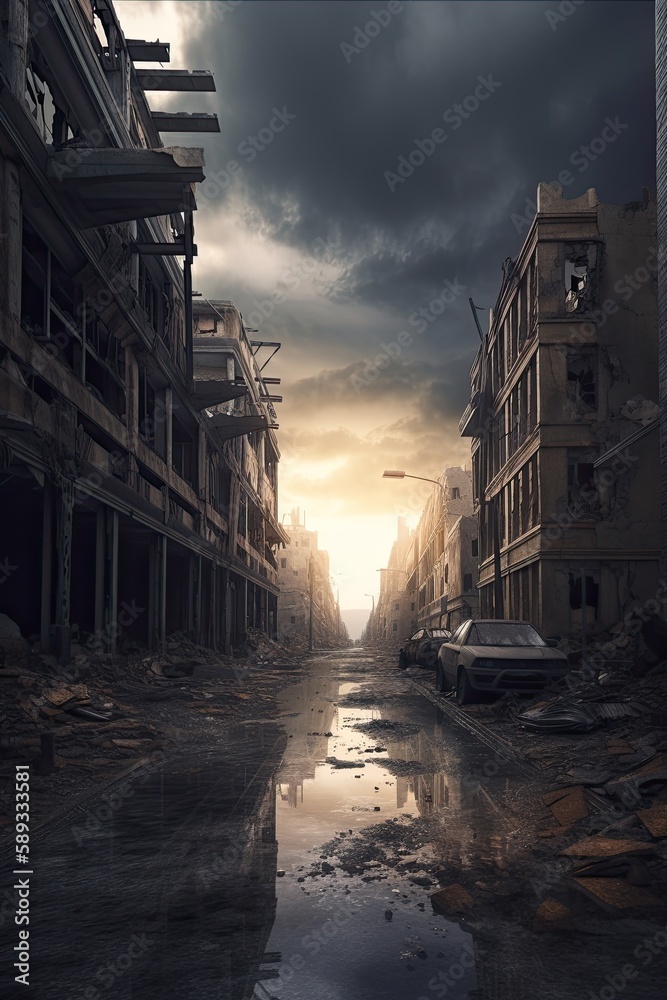 Armageddon's Desolate Urban Scene: The Dystopian Ruins of a Desolated City: Generative AI