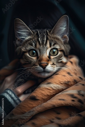 A Woman s Embrace  Caring for Her Tabby Kitten with Love and Affection. Generative AI