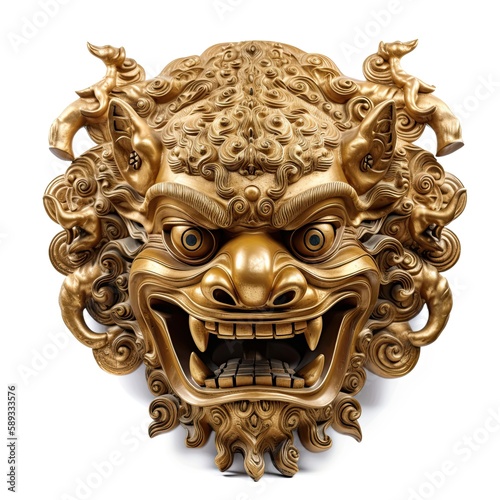 Ancient Gold Dragon Face Statue: Ornate Ceremonial Mask Decoration From Asia Isolated on White Background: Generative AI