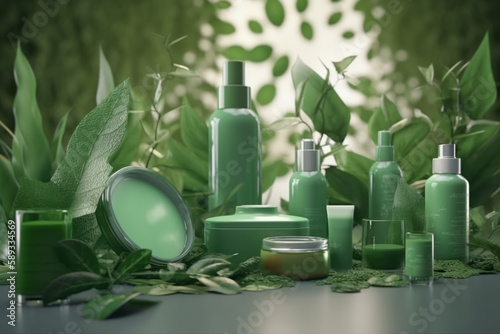 cosmetics decorated with green leaves, organic facial skincare, makeup, and skin care cosmetic items, Generative AI	