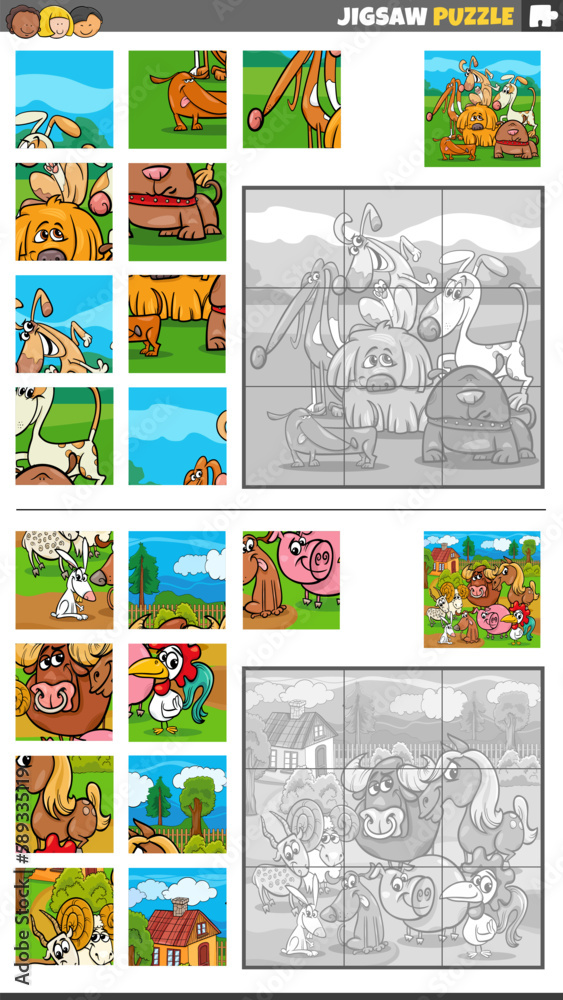 jigsaw puzzle game set with cartoon farm animals and dogs