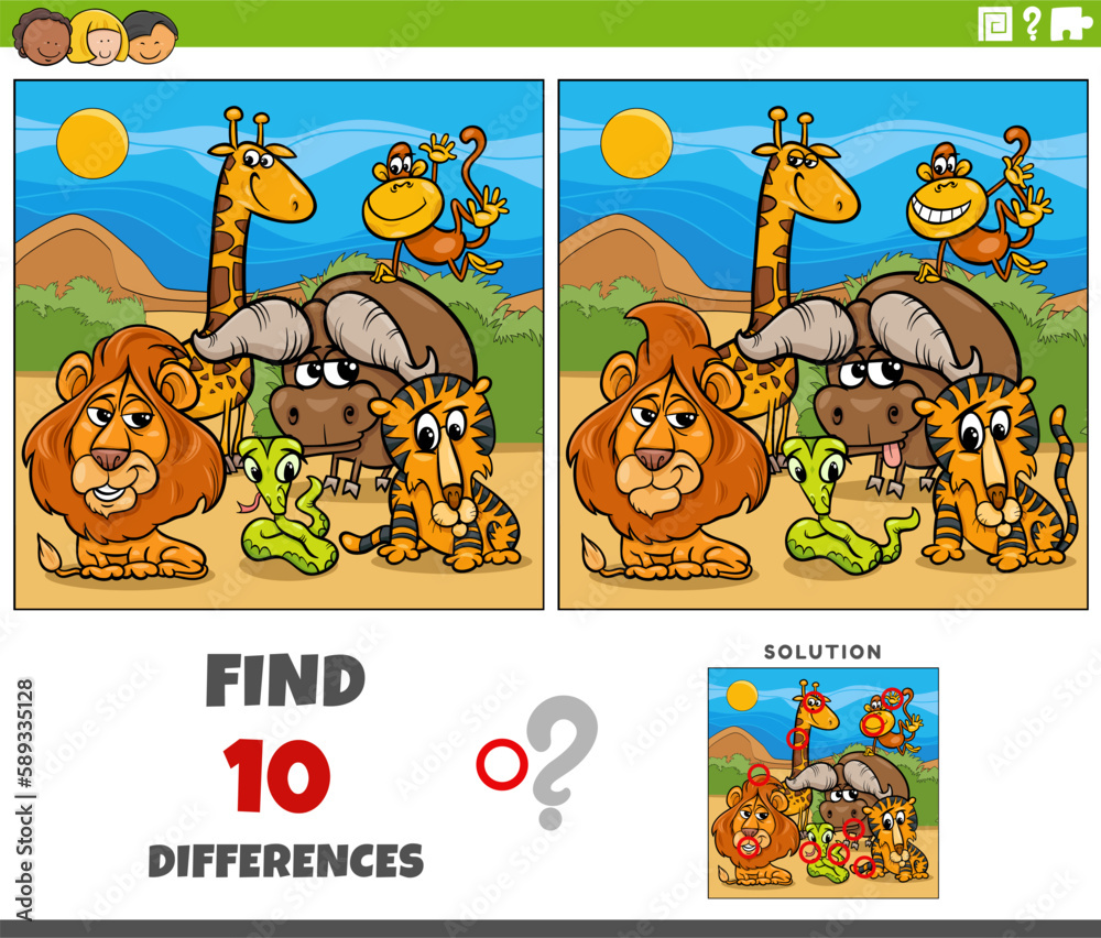 Fototapeta premium differences task with cartoon Safari animal characters