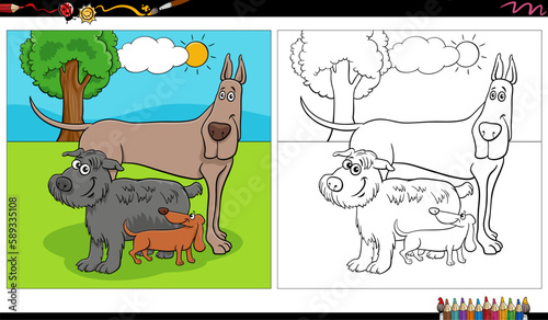 funny comic dogs characters group in the park coloring page