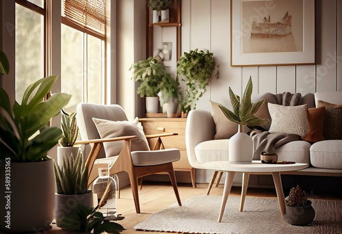 Sustainable White Mid Century Modern Living Room Interior with Organic Materials and Earth Tones at Golden Hour Made with Generative AI