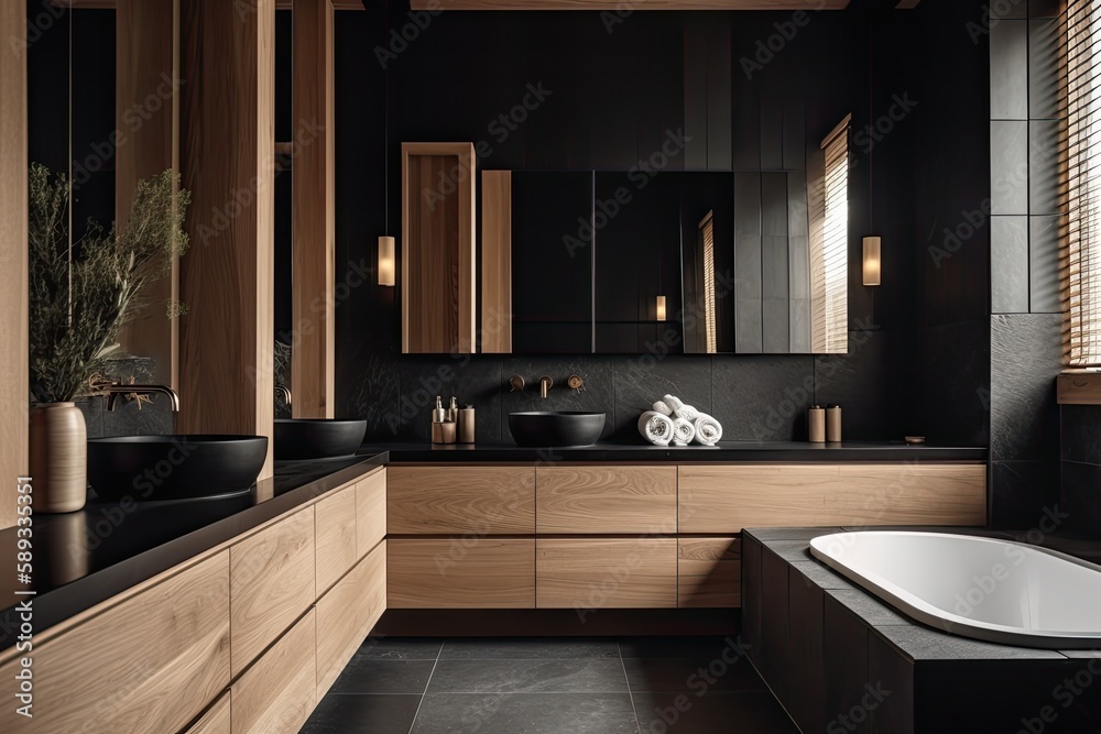 Luxurious modern bathroom with LED lighting and natural marble details, featuring a double vanity and freestanding tub.