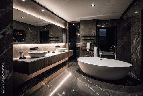 Sleek and elegant marble bathroom with LED lighting and freestanding tub  featuring a symmetrical composition and vessel sinks.