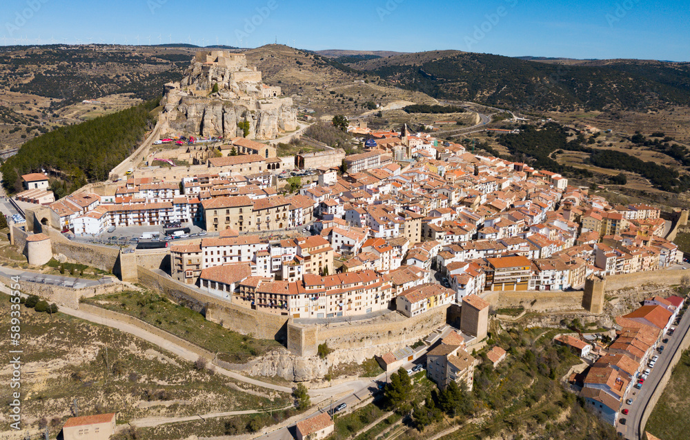 Aerial view of impregnable fortress in medieval village Morella, Spain