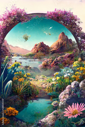 Artistic impression of a cosmic planetary garden scene, metaverse inspired imagery