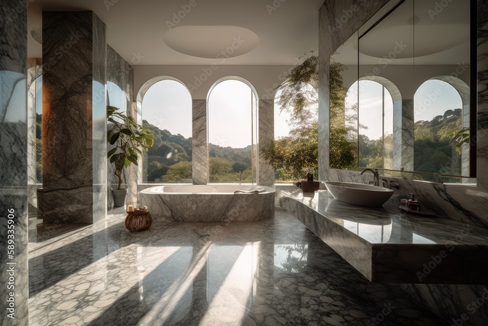 Exquisite marble bathroom with sleek LED lighting, double vanity, and freestanding tub