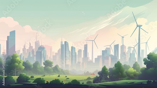 A Clean, Eco-Friendly Urban Landscape: Wind Turbines, Trees, and Skyscrapers. Generative AI © AIGen