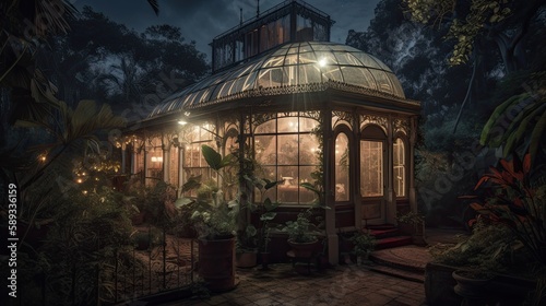 A Magical Illuminated Victorian Greenhouse on a Jungle Island in the Most Mystical Night, Generative AI