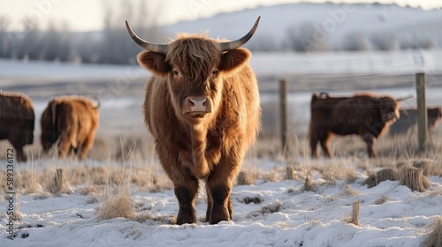 A Cheeky Highand Cow Calf Enjoying Winter On a Snowy Field: Generative AI