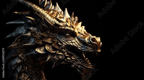 Ancient Gold Dragon Mythology: Metallic Monster in a Sky of Black Background, Generative AI