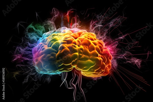 Brain Explosion of Ideas: Human Mind Illuminated by Creative Lightning Bolts. Generative AI
