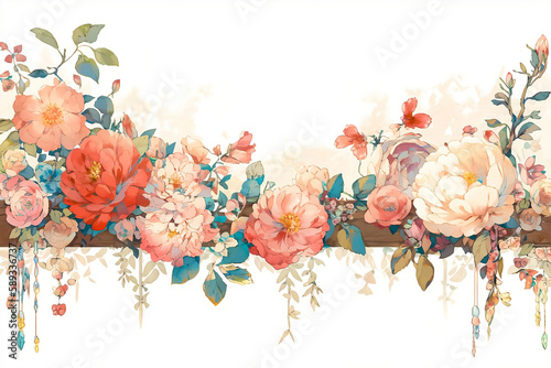 Murais de parede Border with flowers on wooden plank on white background