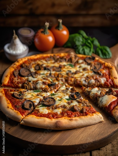 Pizza with mushrooms. Created using generative AI.