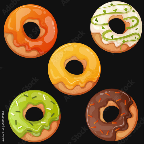 Set of cute cartoon donuts with different flavors on a black background. Chocolate, citrus, vanilla, pistachio, apple donuts. Illustration for confectioner or pastry shop