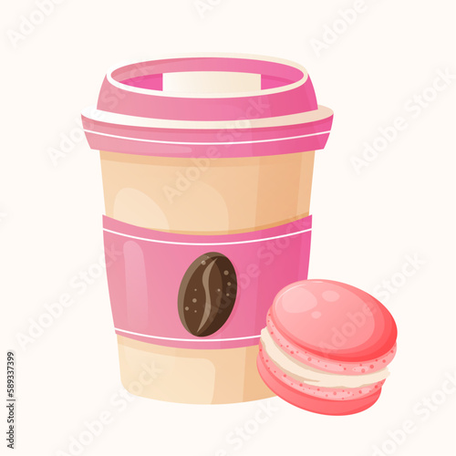 Pink paper cup of coffee with coffee bean illustration and strawberry pink macaron. Poster for coffee house. Cute cartton coffee illustration for confectioner or pastry shop with dessert