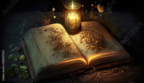 Mysterious Spellbook with Candlelight and Magical Illumination created with Generative Al technology.