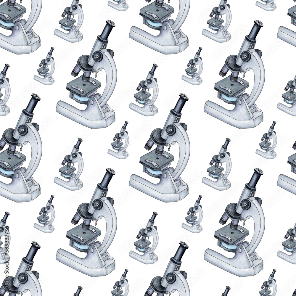 Watercolor illustration of a microscope pattern for scientific research ...