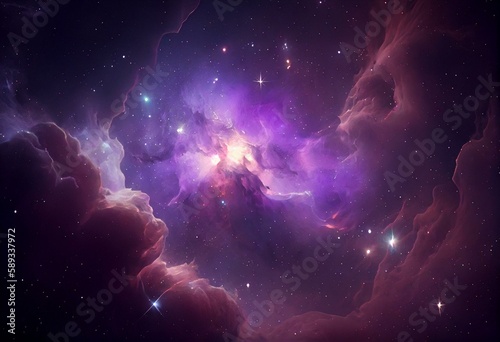 Background illustration of purple nebula with stars in space. Generative AI