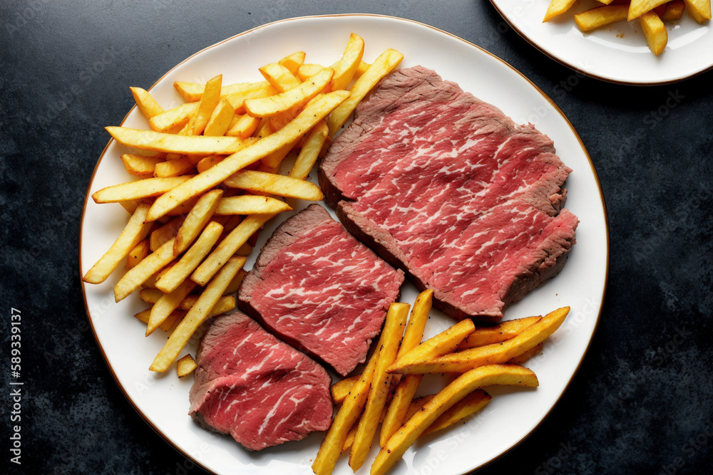 Plate of steak and french fries on the table, top view. Generative AI